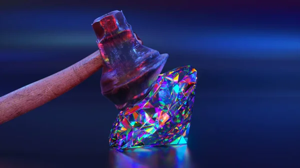 Abstract concept. The hammer spreads after hitting a large diamond. liquid form. Sparkling diamond. Blue neon color. High quality 3d illustration