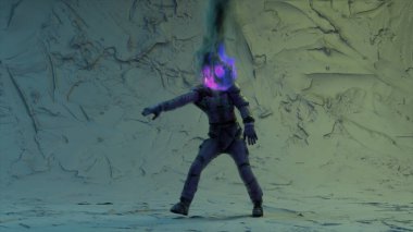 An astronaut with a burning head dances a modern dancing in front of blue illuminated lights. Abstract background. High quality 3d illustration