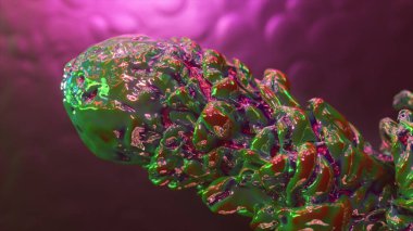 Abstract concept. Glossy colored substance in the form of a ball moves and leaves a trail of paint. Green purple color. High quality 3d illustration