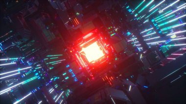 Science fiction concept. Futuristic illuminated corridor. Technological concept. Transformation. Neon blue red light. High quality 3d illustration