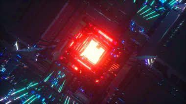 Technology Concept. Sci-Fi futuristic abstract corridor. Slow. Neon red glowing. Empty space. Spaceship. 3d illustration. High quality 3d illustration