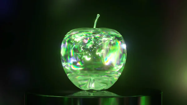 Abstract concept. Liquid mirror transparent substance takes the form of an apple. Green neon color. High quality 3d illustration