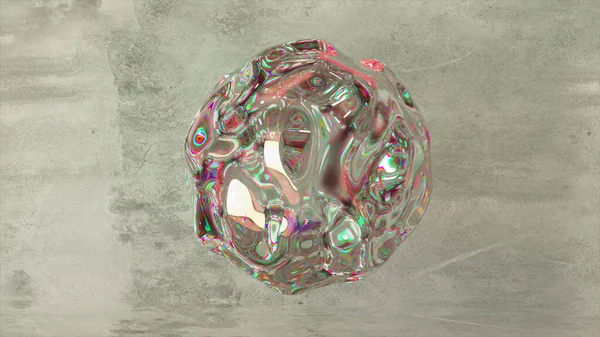 A liquid crystal ball floats against a gray concrete wall. Waves on the surface of a transparent sphere. High quality 3d illustration