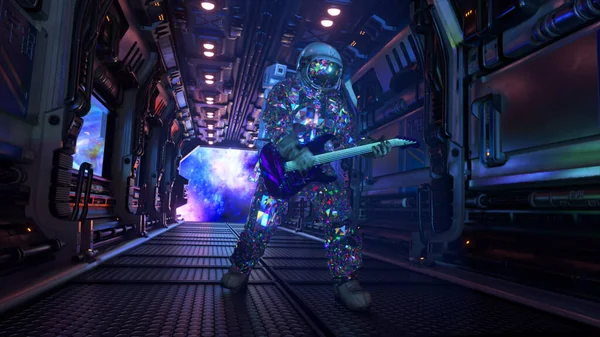 The concept of space exploration. Diamond astronaut plays the guitar in the corridor of the spaceship. Blue neon lights. High quality 3d illustration