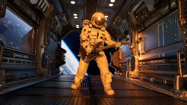 Space concept. An astronaut on a spaceship plays the guitar against the backdrop of the Earth. Space suit. Open space. High quality 3d illustration