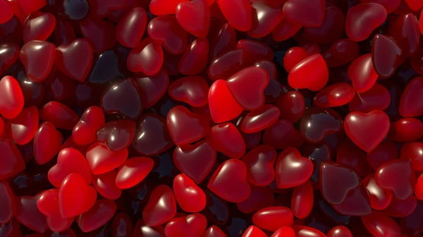 Valentine\'s Day. A red neon heart jumps out of a pile of dark blue hearts. Heart shaped gummies. Sweets. High quality 3d illustration