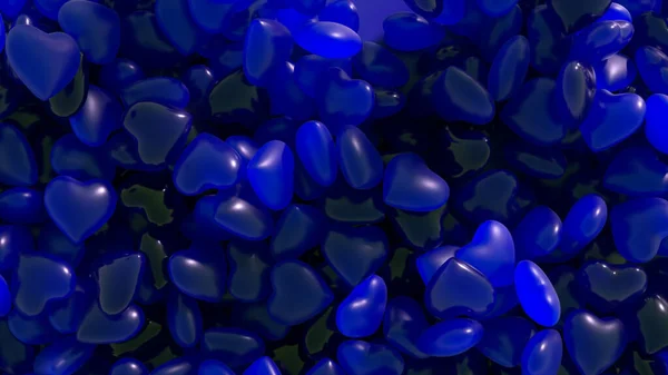 Valentine\'s Day. A blue neon heart jumps out of a pile of dark blue hearts. Heart shaped gummies. Sweets. High quality 3d illustration