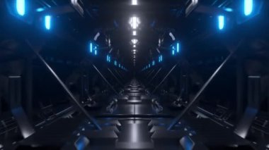 Soyut kavram. Bilimkurgu fütüristik boş karanlık tünel arka planı. Mavi neon ışık. Kusursuz döngünün 3 boyutlu animasyonu. Yüksek kalite 4k görüntü