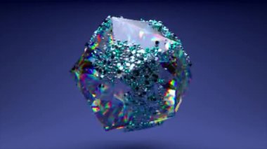 Elmas çokyüzlü küre dönüyor. Mavi neon rengi. Parçacıklar yüzeyde rastgele hareket ederler. 3D animasyon. Yüksek kalite 4k görüntü