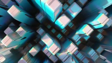 Soyut şehir. Beyaz mavi renk. Dikdörtgen şekillerin üst görüntüsü. Yakın plan. Sütunlarda koyu çizgiler beliriyor. Daldırma. Yüksek kalite 4k görüntü