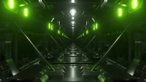 Lecąc Niekończącym Się Ciemnym Korytarzem Zielonym Oświetleniem Neonowym Tunel Pokładzie — Wideo stockowe