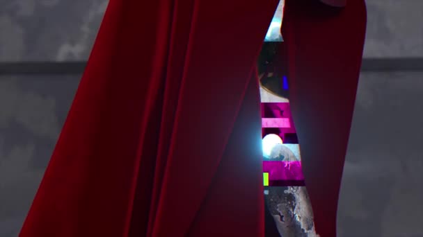 Цифровая Скульптура Дэвида Спрятана Красной Бархатной Крышкой Розово Синий Неоновый — стоковое видео