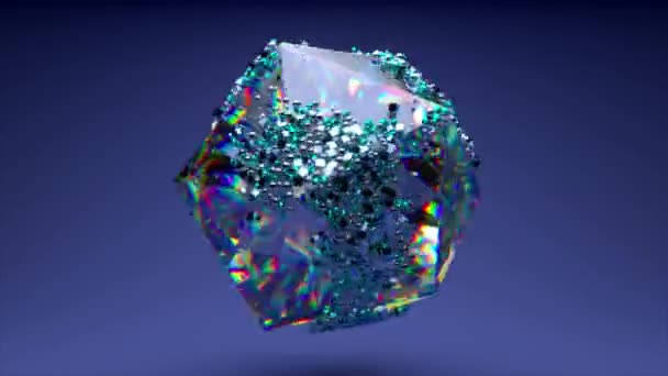 金刚石多面体球体旋转 蓝色霓虹灯的颜色 粒子在表面上随意运动 3D动画 高质量的4K镜头 — 图库视频影像