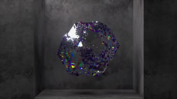 Diamond Polyhedral Sphere Rhombus Rotates Blue Neon Color Particles Randomly — Stock Video