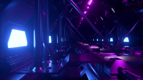 Neon Tüneli Büyük Köprüde Uzayda Bir Uzay Gemisi Mavi Mor — Stok video