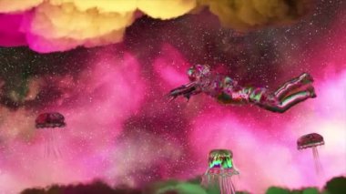 Astronot, denizanalarıyla çevrili pembe mor bulutlar arasında yüzer. Boşluk. Elmas takım. Samanyolu. 3D animasyon. Yüksek kalite 4k görüntü
