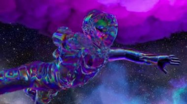 Elmas astronot uzayda yüzüyor. Mavi mor neon rengi. Elmas denizanası. Arka planda yıldızlar var. Bulutlar. 3D animasyon. Yüksek kalite 4k görüntü