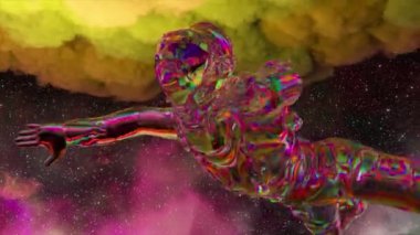 Pembe elmas takım elbiseli bir astronot uzayın arka planında süzülüyor. Yukarıdan büyük yeşil bulut. Her yerde elmas denizanası var. 3D animasyon. Yüksek kalite 4k görüntü