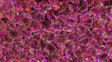  Aşk konsepti. Bir neon kalp, pembe kalp şeklinde elmas heykelcikler yığını içinde zıplar. Sevgililer Günü. Kusursuz döngünün 3 boyutlu animasyonu. Yüksek kalite 4k görüntü