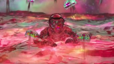Okyanustaki elmas astronot yıldızlı gökyüzünün arka planına karşı. Elmas denizanası uçar. Kırmızı yeşil neon rengi. Dalgalar. Yüksek kalite 4k görüntü