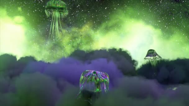 Concepto Espacio Abstracto Las Medusas Diamante Nadan Fuera Las Nubes — Vídeos de Stock