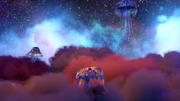 Concepto Espacio Abstracto Las Medusas Diamante Nadan Fuera Las Nubes — Vídeo de stock