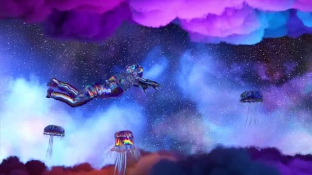 Astronauta Flota Entre Nubes Azules Púrpuras Rodeadas Medusas Espacio Traje — Vídeos de Stock