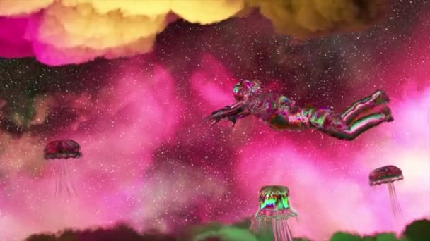 Астронавт Пливе Між Рожевими Фіолетовими Хмарами Оточеними Медузами Простір Алмазний — стокове відео