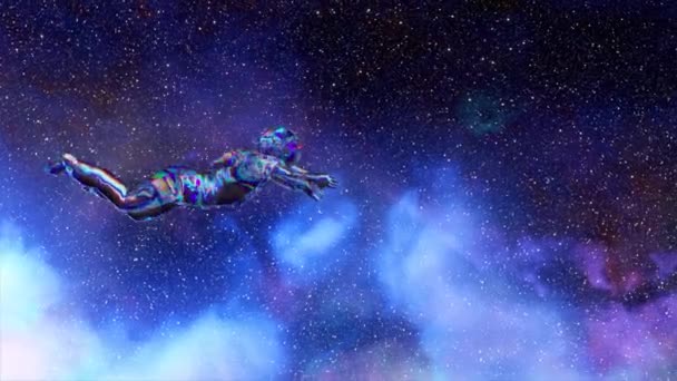 Diamentowy Astronauta Przepływa Przez Bezgraniczną Przestrzeń Chmury Tle Gwiaździstego Nieba — Wideo stockowe