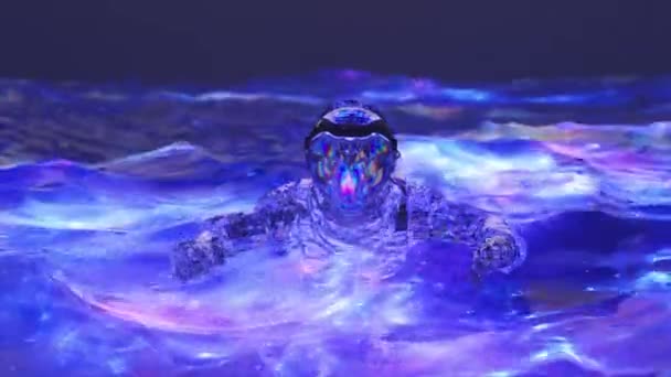 Концепція Простору Алмазний Астронавт Плаває Океані Блакитною Неоновою Водою Хвилі — стокове відео