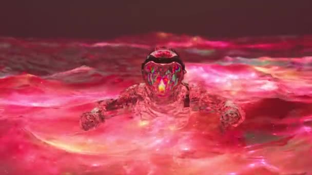 Концепція Простору Алмазний Астронавт Плаває Океані Червоною Водою Хвилі Анімація — стокове відео