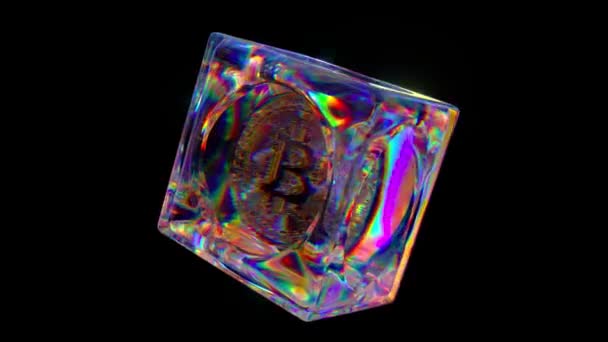 Conceito Criptomoeda Bitcoin Dentro Cubo Vidro Transparente Fundo Isolado Preto — Vídeo de Stock