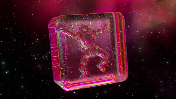 Διαμαντένιος Αστροναύτης Μέσα Διαφανή Κύβο Διαστημικό Αφηρημένο Φόντο Ροζ Νέον — Αρχείο Βίντεο