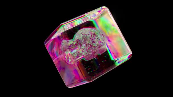 Diamant Gehirn Einem Transparenten Glaswürfel Rosa Farbe Regenbogen Schwarzer Isolierter — Stockvideo