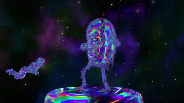在太空的背景下 一个毛茸茸的菱形胶囊在平台上跳舞 一个钻石宇航员在漂浮 蓝色霓虹灯的颜色 高质量的4K镜头 — 图库视频影像