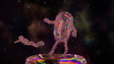 Kıllı elmas kapsül uzayın arka planında bir platformda dans ediyor. Elmas bir astronot yüzüyor. Pembe neon rengi. Yüksek kalite 3d illüstrasyon