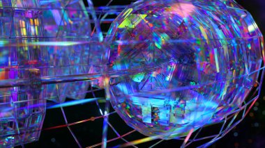 Uzayın ortasında bir elmas uzay gemisi. Bilim kurgu. Galaksi. Mavi neon rengi. Yüksek kalite 3d illüstrasyon