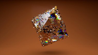 Soyut kavram. Kristal eşkenar dörtgen dönüyor. Altın parçacıklar figürün yüzeyine doğru çekilirler. Dekorasyon. Sessizlik. Yüksek kalite 3d illüstrasyon