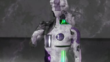 Soyut kavram. David 'in gri mermer heykelinin üst kısmı. Metal, ahşap ve neon parçaları. 3 boyutlu illüstrasyon. Yüksek kalite 3d illüstrasyon