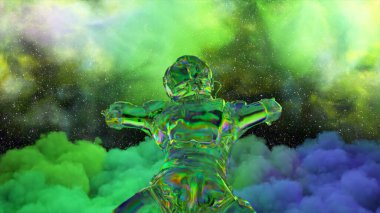 Bir astronot uzayda yeşil mavi bir bulutun üzerinde yüzer. Elmas takım. Neon rengi. Samanyolu. 3 boyutlu illüstrasyon. Yüksek kalite 3d illüstrasyon