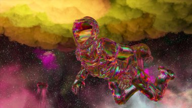 Pembe elmas takım elbiseli bir astronot uzayın arka planında süzülüyor. Yukarıdan büyük yeşil bulut. Elmas denizanası. Yüksek kalite 3d illüstrasyon