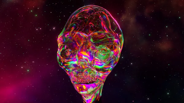 The diamond turns into the head of an alien. Space abstract background. Pink neon color. 3d illustration. High quality 3d illustration