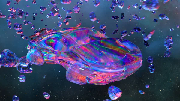 Летающий Алмазный Космический Корабль Пролетает Через Группу Алмазных Астероидов Синий — стоковое фото