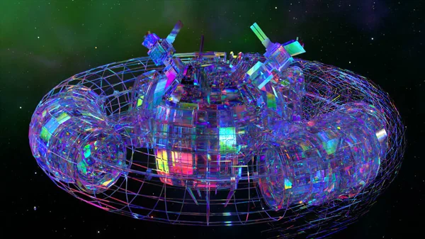 在外层空间中央的一艘钻石宇宙飞船 科幻小说 蓝色霓虹灯的颜色 3D例证 高质量3D插图 — 图库照片