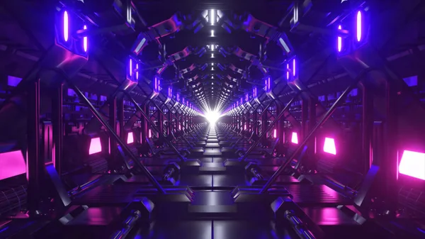 Fantascienza Futuristica Sfondo Tunnel Buio Vuoto Luce Blu Viola Neon — Foto Stock