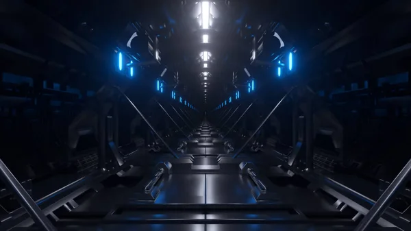 Abstrakcyjna Koncepcja Sci Futurystyczne Puste Ciemne Tło Tunelu Niebieskie Neonowe — Zdjęcie stockowe