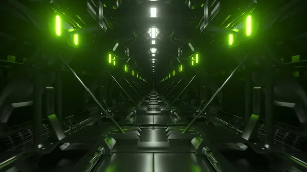 緑のネオンライトで無限の暗い廊下を飛んでいます 宇宙船のトンネル 紫外線 3Dイラスト 高品質の3Dイラスト — ストック写真