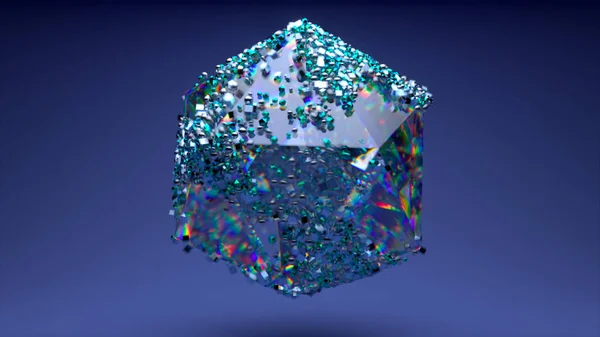 Diamond polyhedral sphere rotates. Blue neon color. Particles are randomly move on the surface. 3d illustration. High quality 3d illustration
