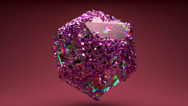 抽象概念 多面的な透明な宝石が紫色の背景で回転します 石の上の貴重な粒子 高品質の3Dイラスト — ストック写真