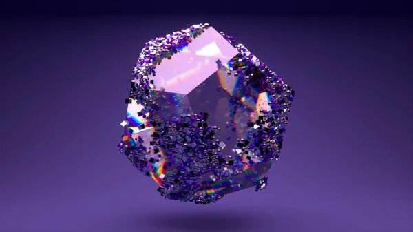 Figura Cristal Gira Pequenas Partículas Deslizam Sobre Superfície Luz Refração — Fotografia de Stock